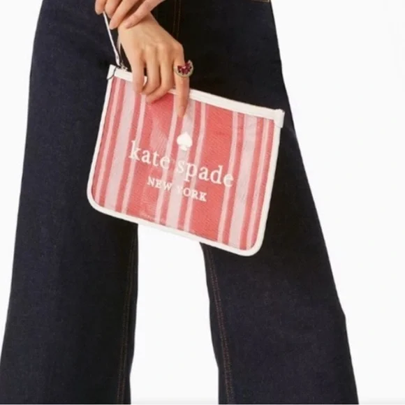 ♠️ Kate Spade Pink and White Striped Mesh Clutch - Picture 3 of 9